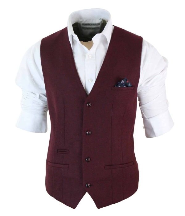 Marc Darcy Len Mati - Mens Slim Fit Burgundy Maroon Black Herringbone Tweed Vintage Retro Waistcoat