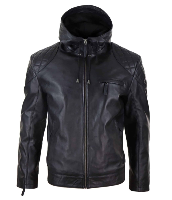 Mens Hooded Biker Leather Jacket - Black