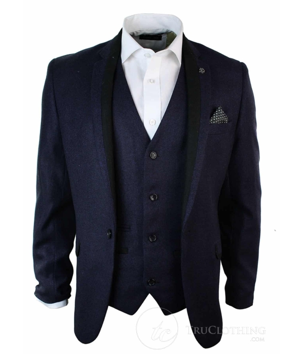 Mens Violet Herringbone Tweed Vintage Slim Fit Blazer Jacket Black Trim Smart Casual-Purple