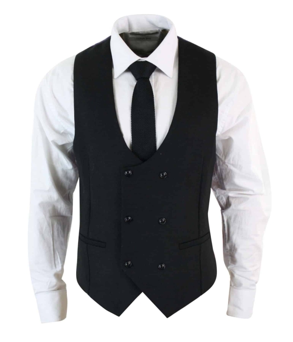 Mens Double Breasted Felt Tweed Vintage Retro Classic Waistcoat Slim Fit Herringbone-Melton DBC Black