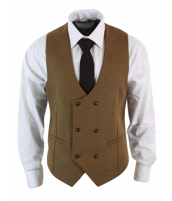 Mens Double Breasted Felt Tweed Vintage Retro Classic Waistcoat Slim Fit Herringbone-Melton DBC Tan