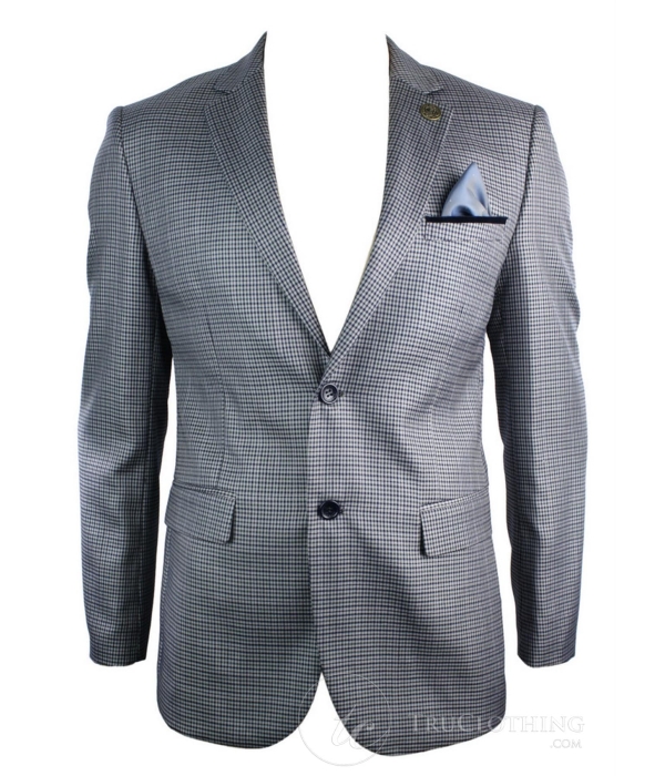 Mens Tweed Vintage Retro Grey Checked Blazer Elbow Patch Black Trim Tailored
