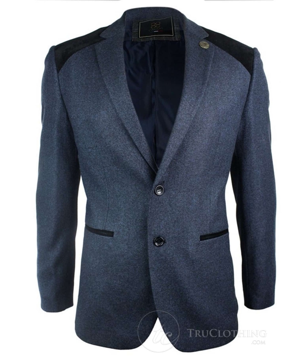 Mens Navy Blue Vintage Twead Blazer Jacket Black Velvet Elbow Smart Casual
