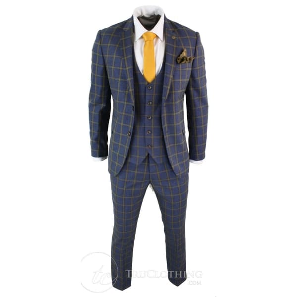 Marc Darcy SBC Roman - Mens 3 Piece Blue Gold Slim Fit Prince Of Wales Check Suit Marc Darcy Wedding Prom