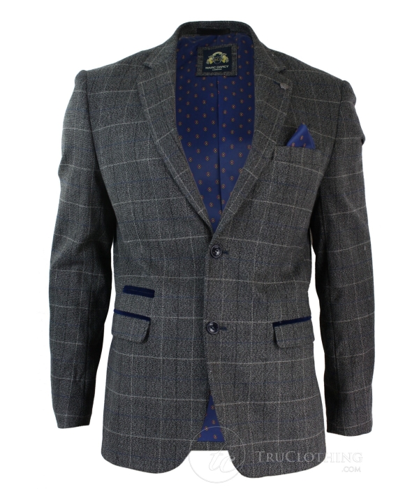 Mens Grey Check Herringbone Tweed Vintage Fit Blazer Jacket Blue Velvet Trim-Grey