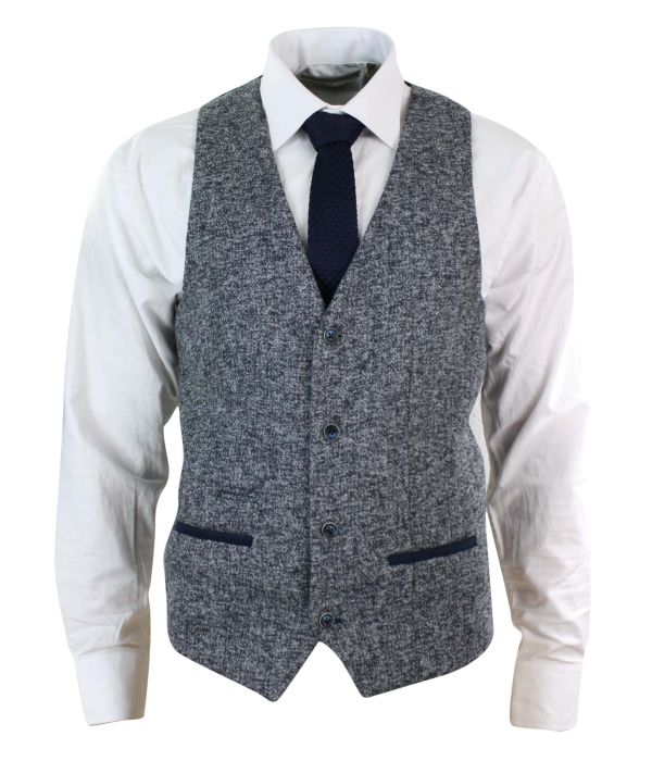 Mens Grey Blue Herringbone Tweed Slim Fit Chunky Waistcoat Blazer Smart Casual