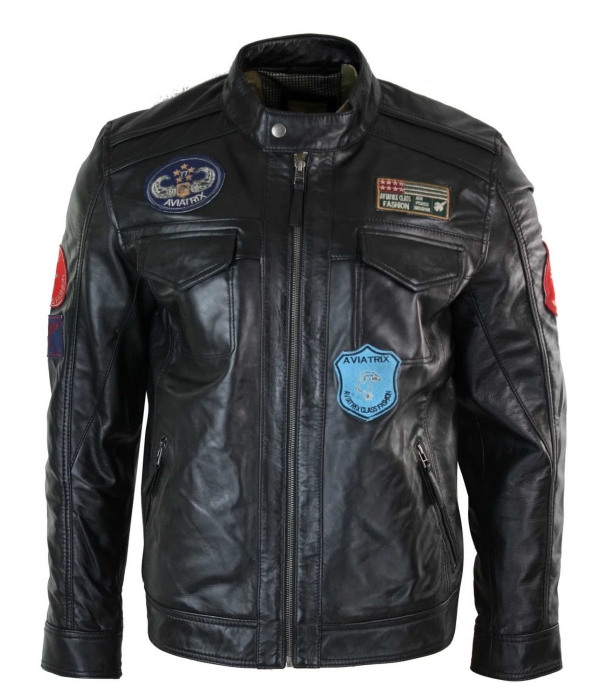 Aviatrix Real Leather Marker Mens Black Zip Jacket Badge Design Racing US Pilot Casual