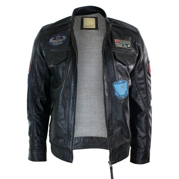 Aviatrix Real Leather Marker Mens Black Zip Jacket Badge Design Racing US Pilot Casual