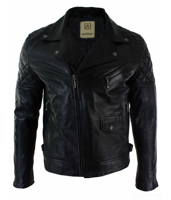 Real Leather Cross Zip Mens Biker Jacket Black Tailored Fit Retro Casual