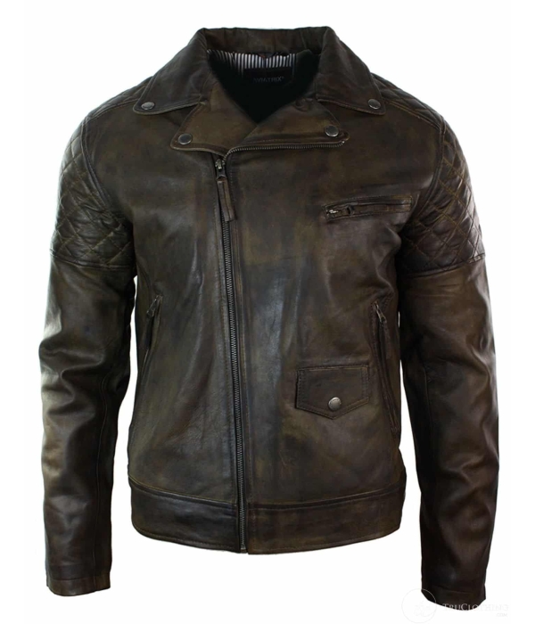 Real Leather Vintage Washed Brown Black Burgundy Blue Timber Mens Biker Jacket Cross Zip Retro Casual-Brown