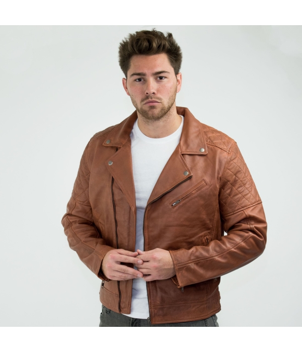 Real Leather Vintage Washed Brown Timber Mens Biker Jacket Cross Zip Retro Casual-Nevada Timber