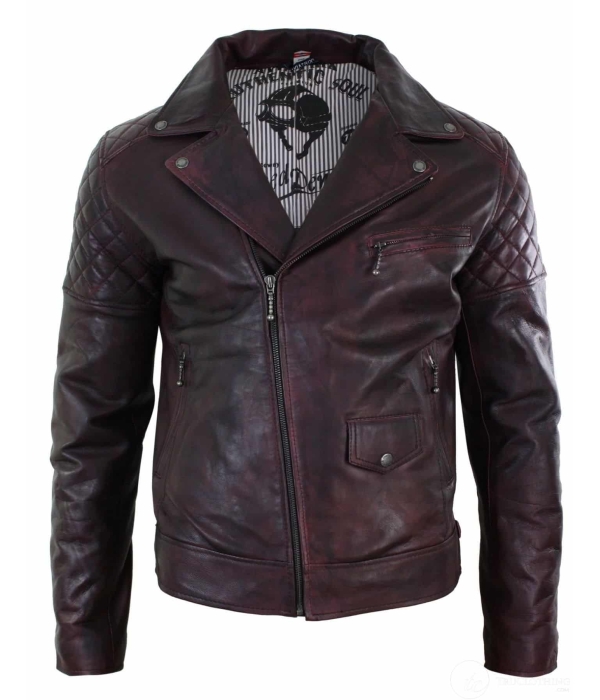Real Leather Vintage Washed Brown Black Burgundy Blue Timber Mens Biker Jacket Cross Zip Retro Casual-Pepsi Burgundy