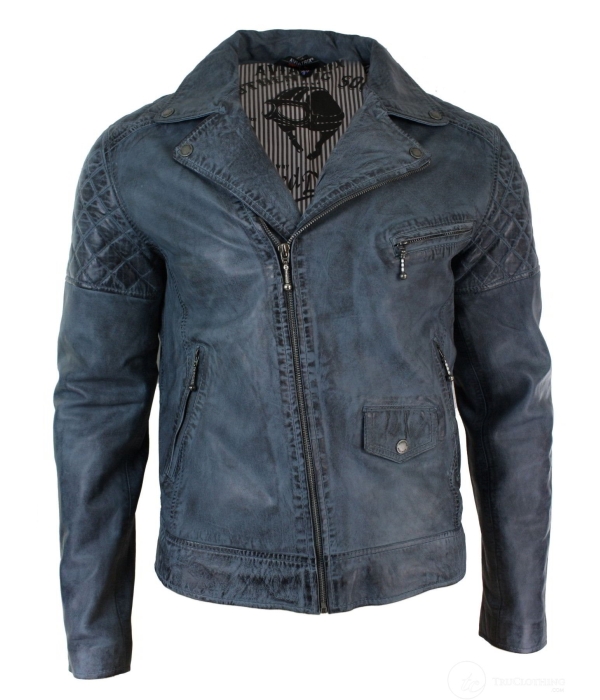 Real Leather Vintage Washed Biker Mens Jacket Cross Zip Retro Casual - Blue Colour