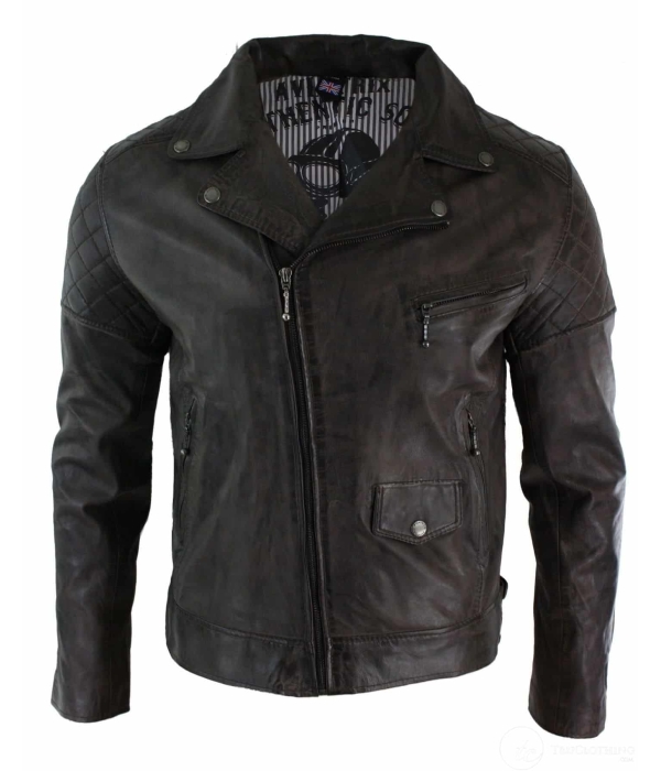Real Leather Vintage Washed Brown Black Burgundy Blue Timber Biker Men's Jacket Cross Zip Retro Casual-Zulu Brown