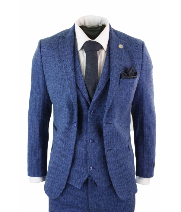Men's Blue Herringbone 3 Piece Tweeed Suit - STZ11