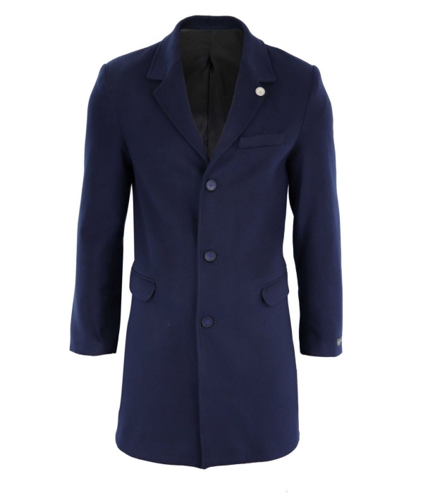 Men's Classic Wool Long Overcoat-Navy