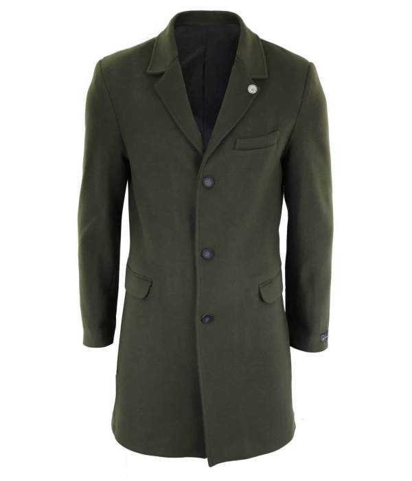 Men's Classic Wool Long Overcoat-Olive Green