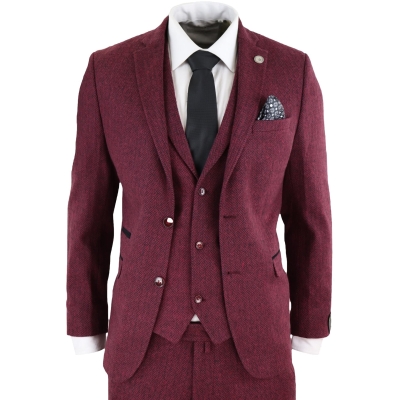 Men's Herringbone Wine Maroon 3 Piece Tweed Suit - STZ11