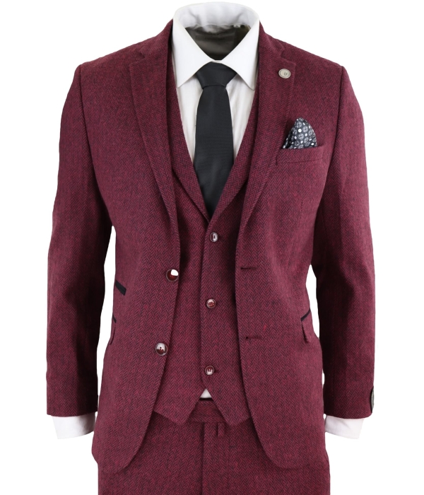 Men's Herringbone Wine Maroon 3 Piece Tweed Suit - STZ11