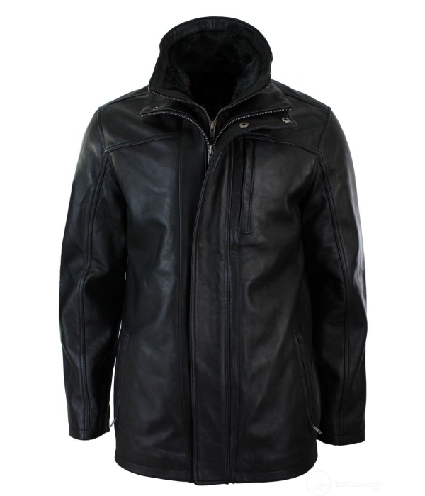 Mens 3/4 Real Leather Safari Jacket Overcoat Removable Double Zip Black