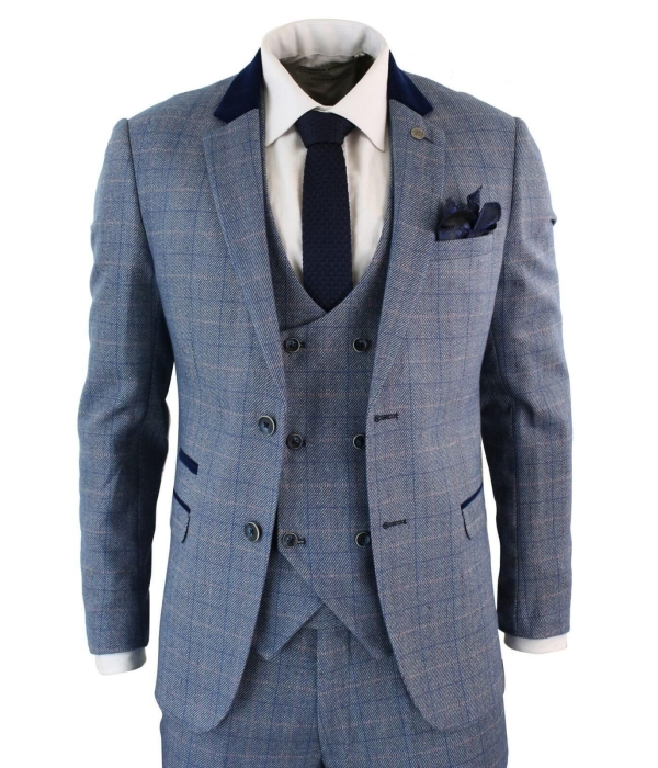 Mens 3 Piece Blue Check Suit - Marc Darcy Hilton