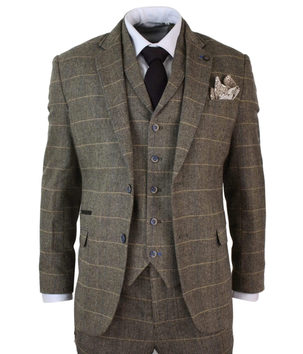 Cavani Albert - Men's Herringbone Tweed Check 3 Piece Suit - Tan Brown