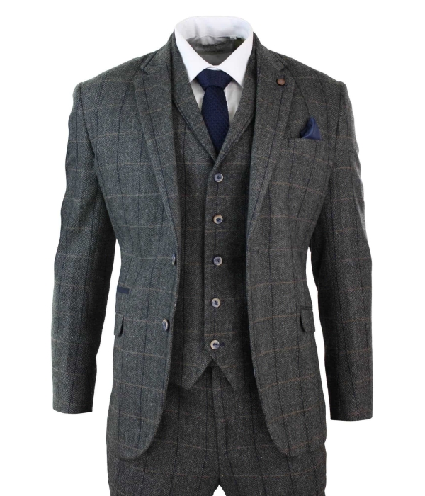 Cavani Albert - Men's Herringbone Tweed Check 3 Piece Suit - Charcoal