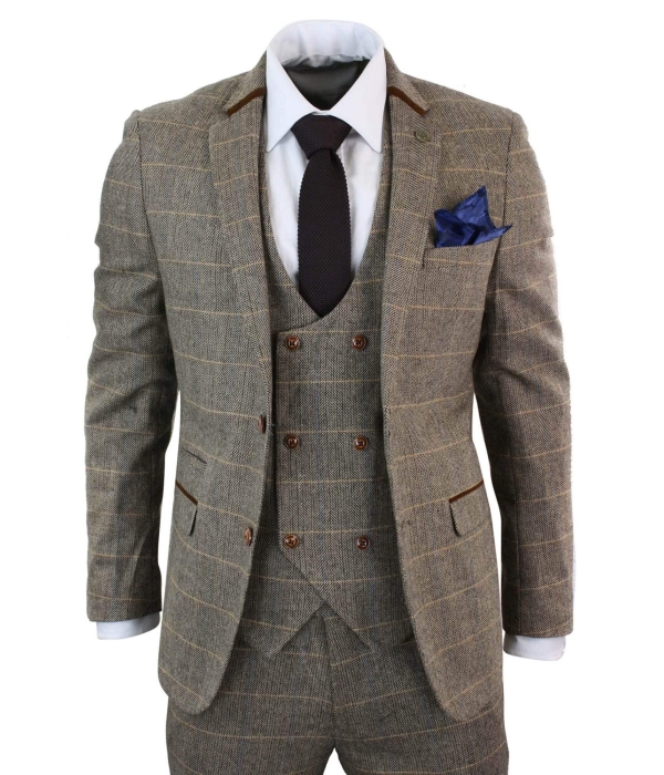 Mens 3 Piece Herringbone Tweed Tan Brown Check Suit Tailored Fit Double Classic