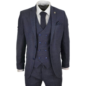 Mens 3 Piece Navy Suit with Double Breasted Waistcoat