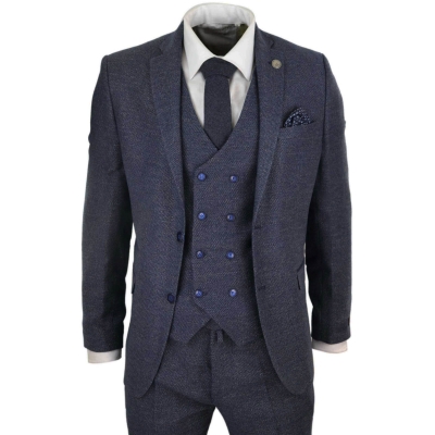 Mens 3 Piece Navy Suit with Double Breasted Waistcoat