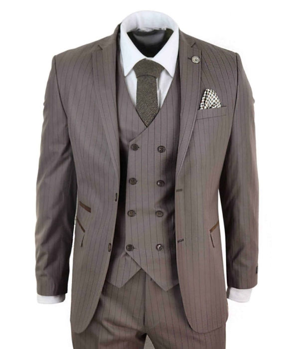 Mens 3 Piece Pinstripe Beige Suit