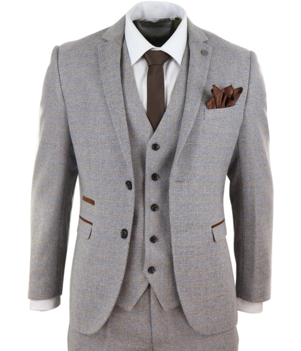 Mens 3 Piece Tweed Check Suit - Cream