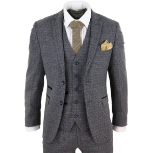 Mens 3 Piece Tweed Check Suit – Navy Blue