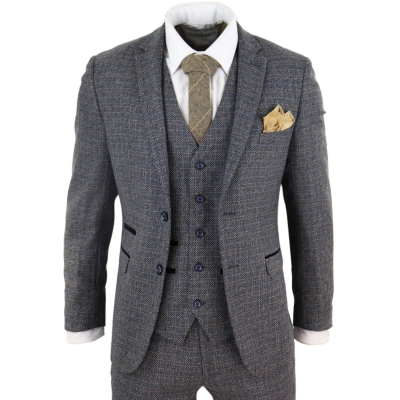 Mens 3 Piece Tweed Check Suit - Navy Blue