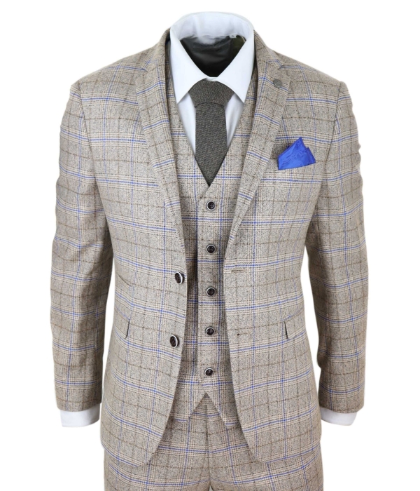 Mens Beige 3 Piece Tweed Check Suit