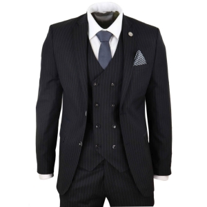 Mens  Black 3 Piece Pinstripe Suit