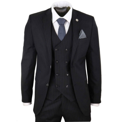 Mens  Black 3 Piece Pinstripe Suit