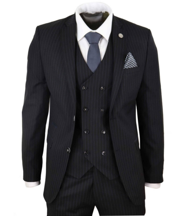 Mens  Black 3 Piece Pinstripe Suit