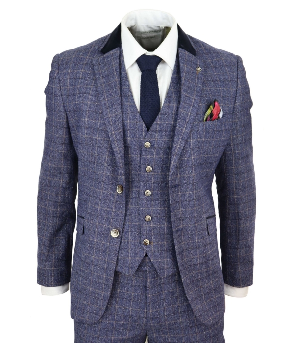 Mens Blue Check 3 Piece Suit - Cavani Matteo