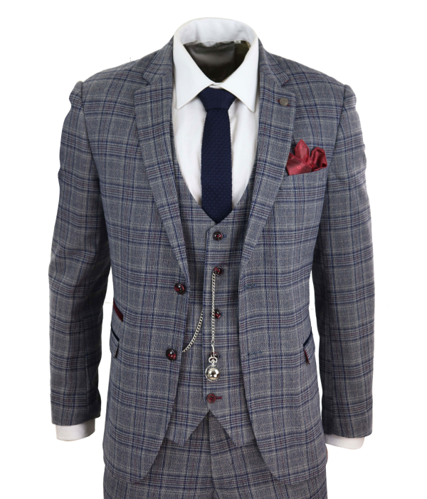 Mens Blue Grey Checkered 3 Piece Suit