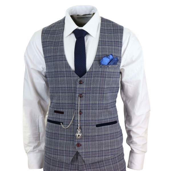 Mens Blue Grey Checkered 3 Piece Suit