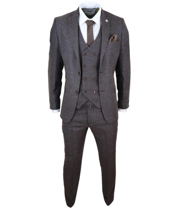 Mens Brown 3 Piece Suit with Double Breasted Waistcoat