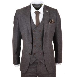 Mens Brown 3 Piece Suit with Double Breasted Waistcoat