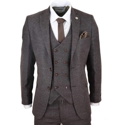 Mens Brown 3 Piece Suit with Double Breasted Waistcoat
