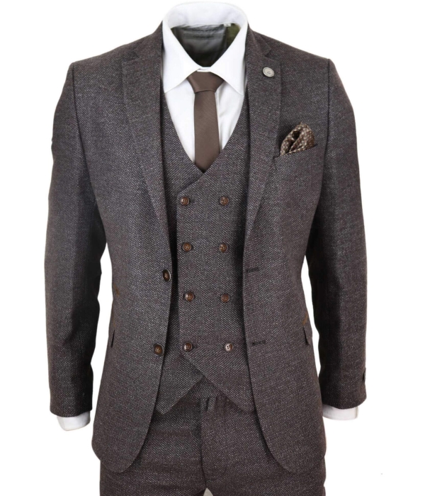 Mens Brown 3 Piece Suit with Double Breasted Waistcoat