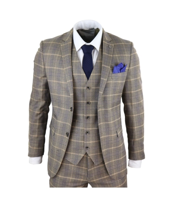 Mens Brown with Blue Check 3 Piece Suit - Paul Andrew Kenneth