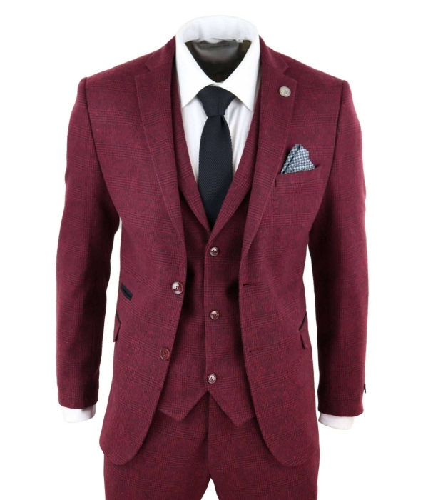 Mens Burgundy Wine Tweed 3 Piece Suit - STZ17