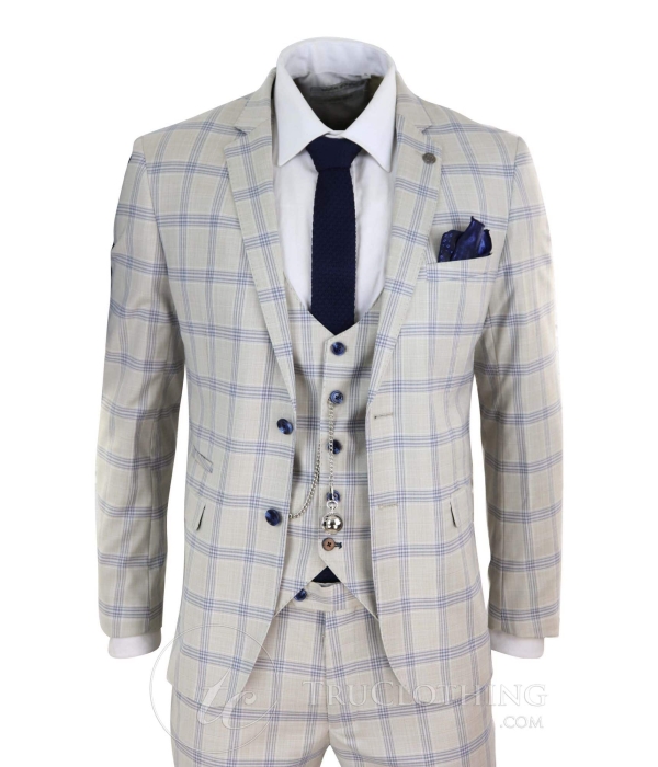 Mens Cream Blue Check Wedding Suit