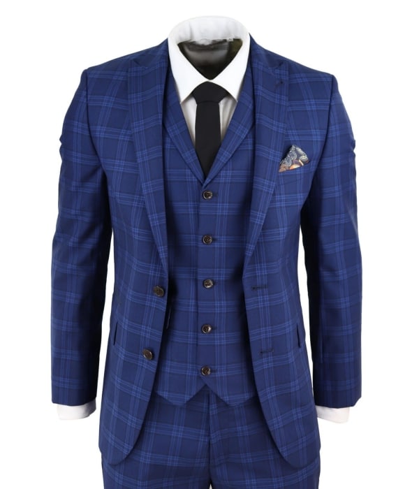 Mens Dark Blue Check Suit