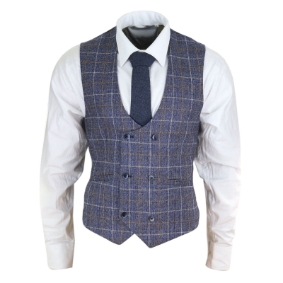 Mens Double Breasted Waistcoat with Chain - Cavani Bonita - Blue